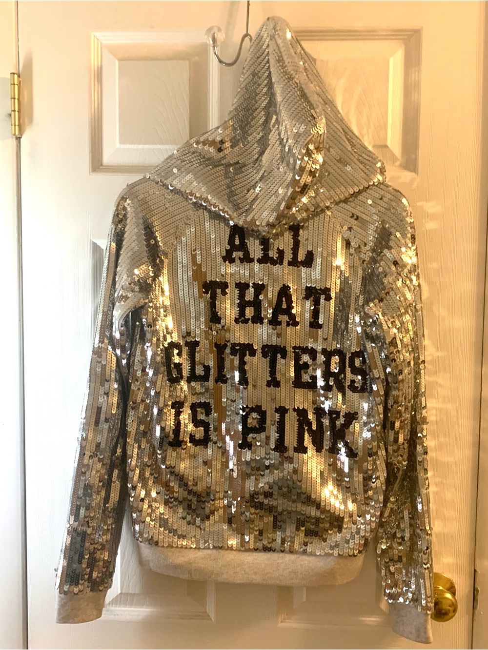 VICTORIA’S SECRET Silver Sequin Hoodie. All That Glitters Is Pink. Rare. XS. Y2K